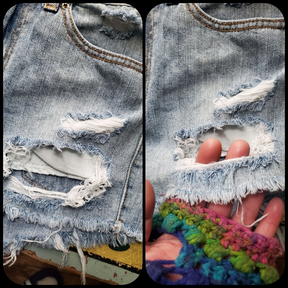 BDG UO Dree Hi Rise Cheekg TRASHED Denim Shorts Grungecore Bohobo Aesthetic - Picture 5 of 8